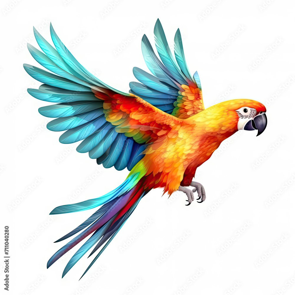Flying colorful parrot with yellow, red, blue feathers and long tail. Tropical bird isolated on white background 