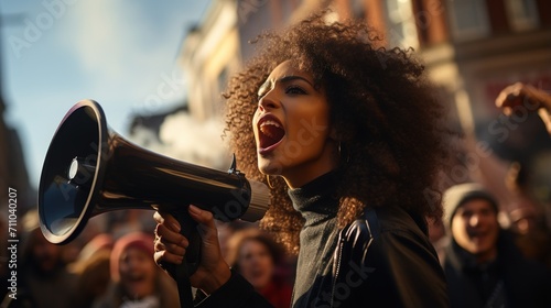 Young woman speaking through a megaphone at a protest photo