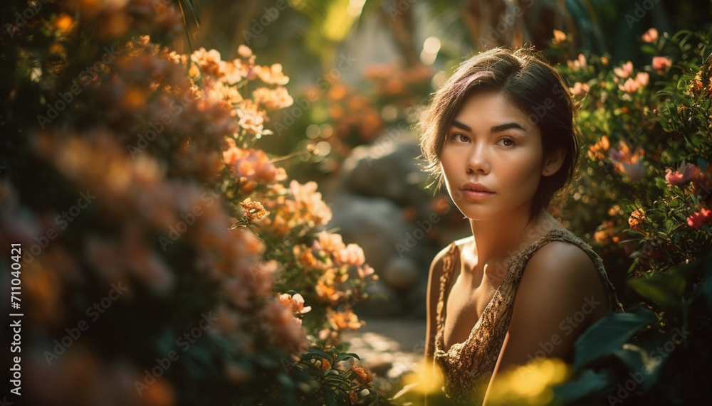 Young woman with brown hair smiling, looking at camera in nature generated by AI Young woman with brown hair smiling, looking at camera in nature generated by AI