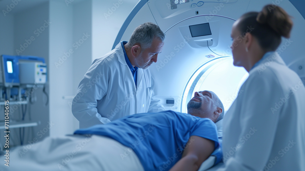 A reassuring hand: doctors provide comfort to a patient about to enter the MRI machine A reassuring hand: doctors provide comfort to a patient about to enter the MRI machine