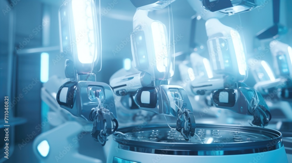 Detailed view of a stateoftheart surgical robot, with multiple arms and cameras attached, preparing to assist in a procedure.