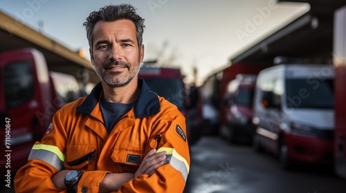 Portrait of a male firefighter in front of fire trucks