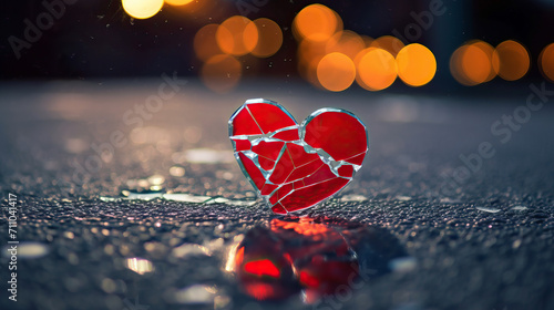 a broken red heart on the asphalt, a glass heart broken into small pieces, bokeh background photo