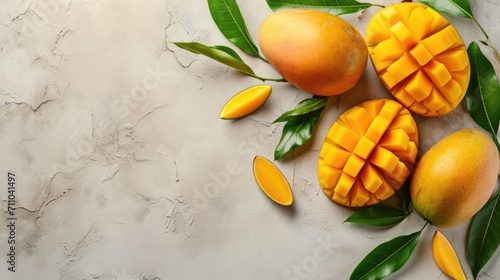 Fresh juicy mango with leaves and water drops. Healthy exotic fruits background with free place for text