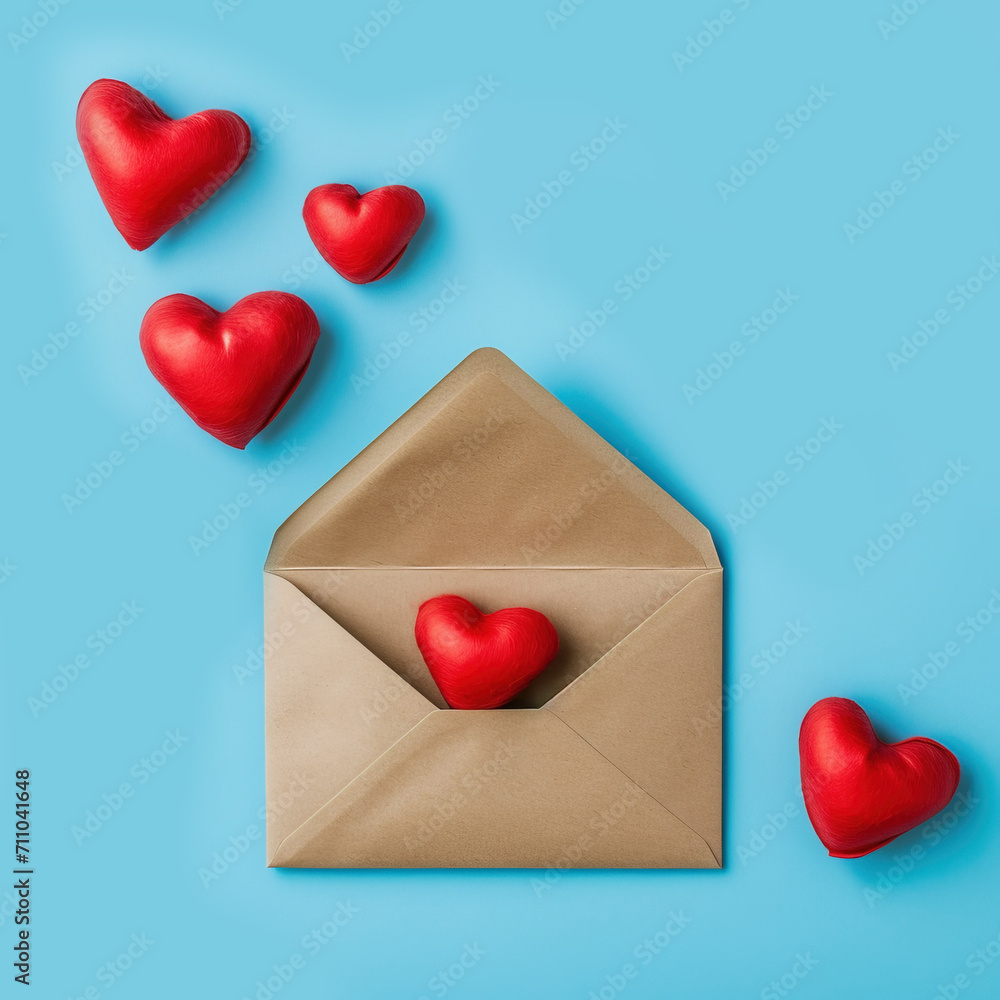 Kraft envelope and red hearts on a blue background. Valentine's Day banner. Postcard for February 14th. A red heart can be seen from the open envelope. Copy space. Flat lay, top view. Kraft envelope and red hearts on a blue background. Valentine's Day banner. Postcard for February 14th. A red heart can be seen from the open envelope. Copy space. Flat lay, top view.