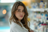 bella y joven farmaceutica posando llevando una bata blanca, sobre fondo desenfocado de interior de farmacia con expositores de medicamentos