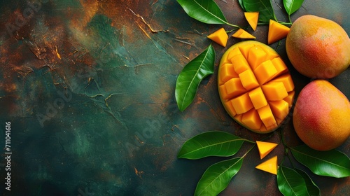 Fresh juicy mango with leaves and water drops. Healthy exotic fruits background with free place for text
