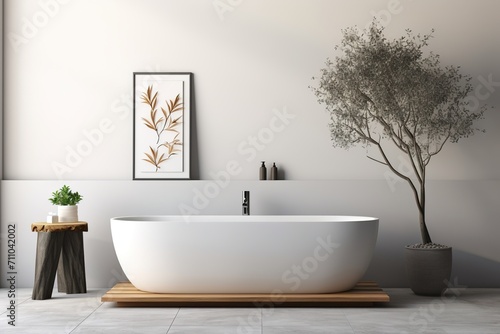 Bathroom with a large bathtub and a tree