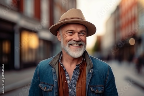 Portrait of a senior man in a hat standing in the city.