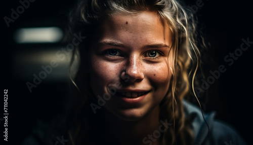 Smiling young woman with blond hair looking at camera outdoors generated by AI © Jemastock