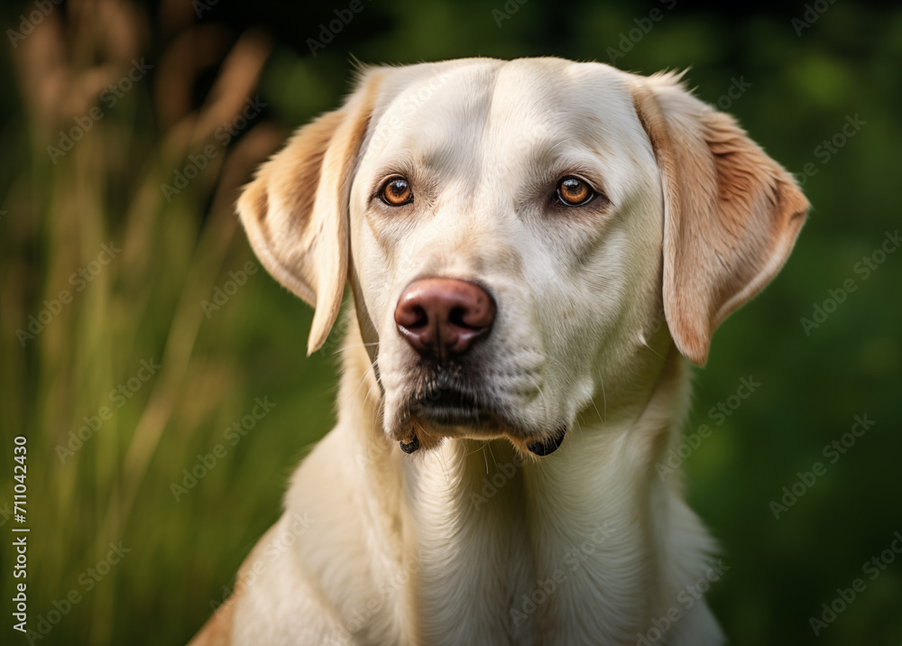 Nahaufnahme eines Labrador Retrievers auf einer grünen Wiese, Sonnenuntergang mit goldener Stunde