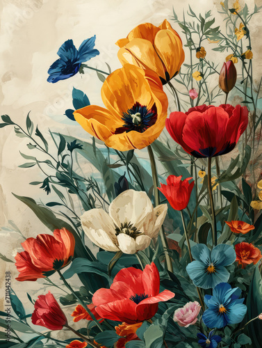 A colourful and lively botanical illustration with poppies and tulips.