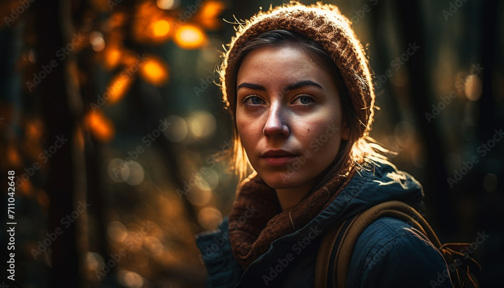 Young adult outdoors, smiling, looking at camera generated by AI Young adult outdoors, smiling, looking at camera generated by AI