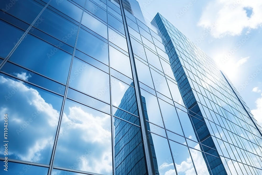 Blue glass skyscraper reflecting clouds and sun Blue glass skyscraper reflecting clouds and sun