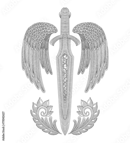 antique sword with ornament and wings, vintage engraving drawing style illustration
