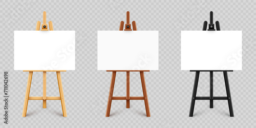 Realistic paint desk with blank white canvas. Black wooden easel and a sheet of drawing paper. Presentation board on a tripod. Artwork mockup, template. Vector illustration photo
