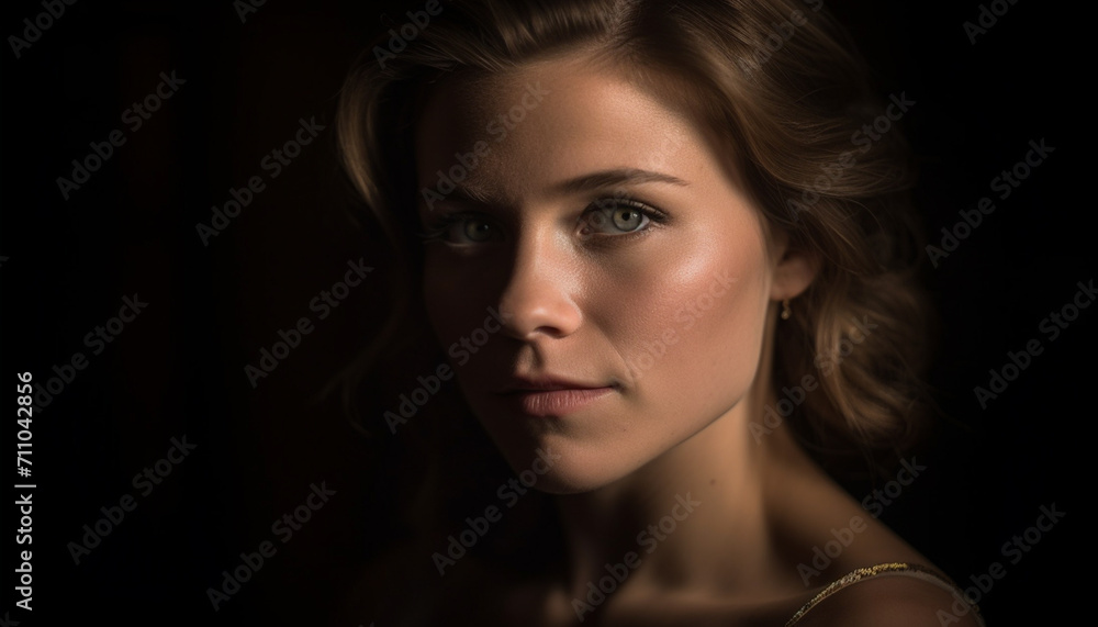 A beautiful young woman with brown hair and sensuality generated by AI