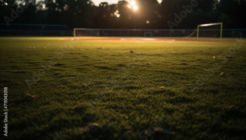 Grass field, soccer ball, night nature, bright team sport generated by AI