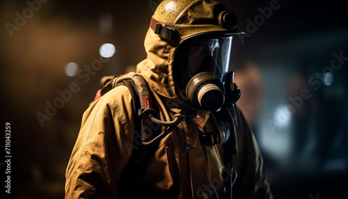One person in protective workwear fights fire in the dark generated by AI