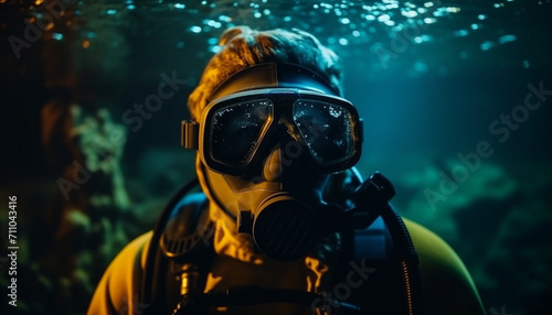 One person diving underwater, wearing protective mask and workwear generated by AI photo