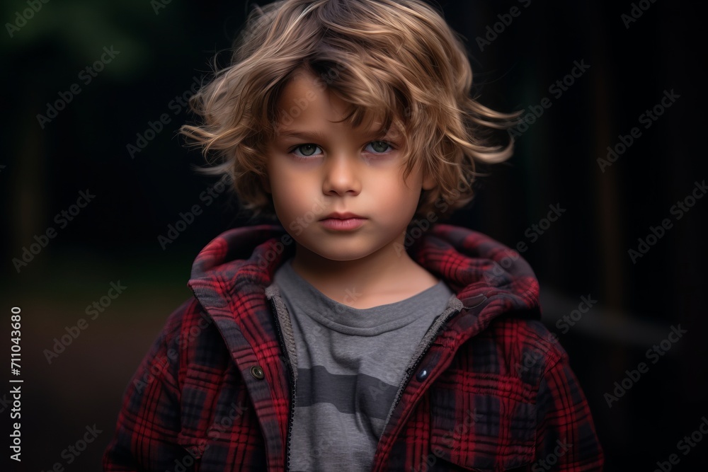 Portrait of a cute little boy with curly hair in a red checkered shirt. Portrait of a cute little boy with curly hair in a red checkered shirt.
