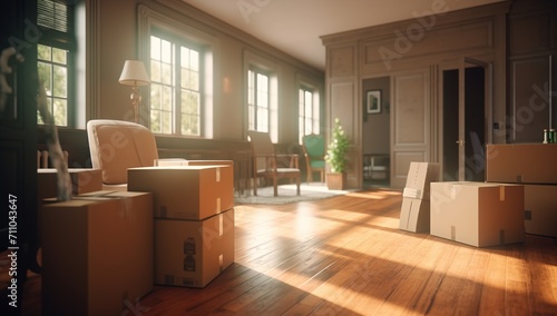 Cardboard boxes in a room with hardwood floors and large windows photo