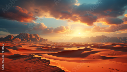 Sand dune landscape, sunset sky, sunlight on arid terrain generated by AI