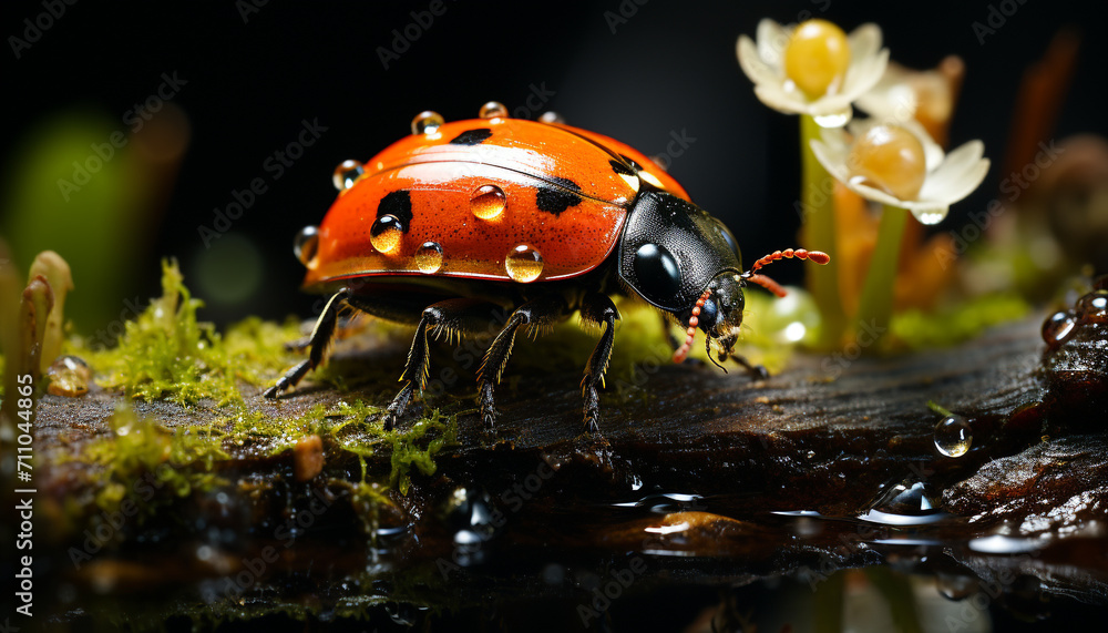 Obraz premium A cute ladybug crawls on a wet green leaf outdoors generated by AI