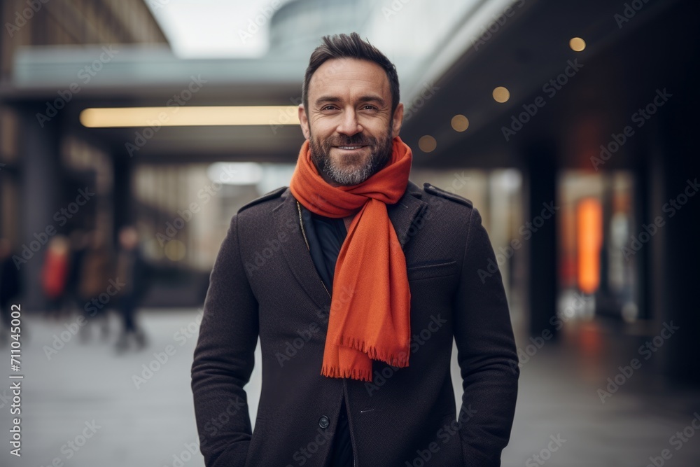 Handsome bearded middle-aged man with a red scarf in the city. Handsome bearded middle-aged man with a red scarf in the city.