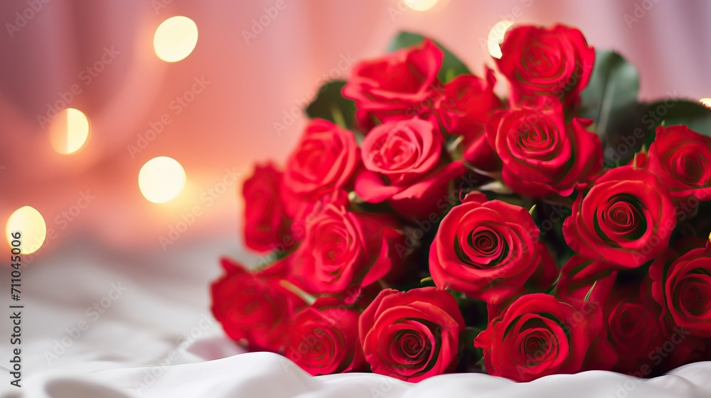 Bouquet of red roses on a white bed, bokeh background Bouquet of red roses on a white bed, bokeh background