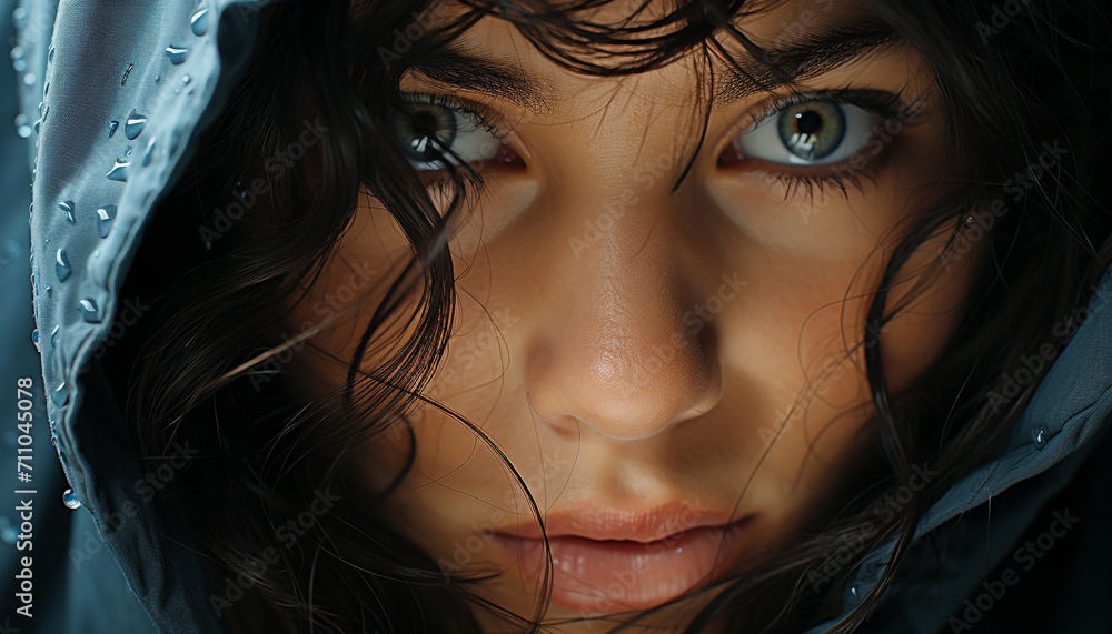 One young woman looking at camera, wet hair, sad eyes generated by AI One young woman looking at camera, wet hair, sad eyes generated by AI