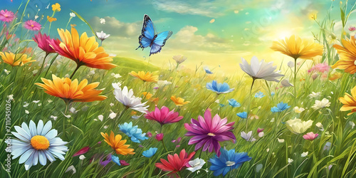 Spring landscape, blossoming field with green grass, colored flowers, blue sky with sun and clouds. Nature illustration