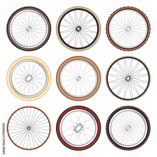 Realistic 3d retro bicycle wheels. Vintage bike rubber tyres, shiny metal spokes and rims. Fitness cycle, touring, sport, road and mountain bike. Vector illustration