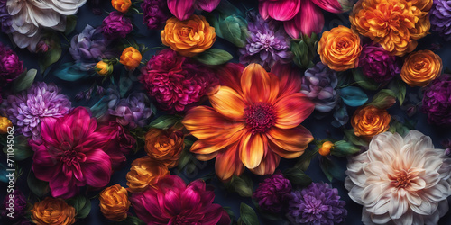 Colorful background of many bright flowers of different types. Nature illustration