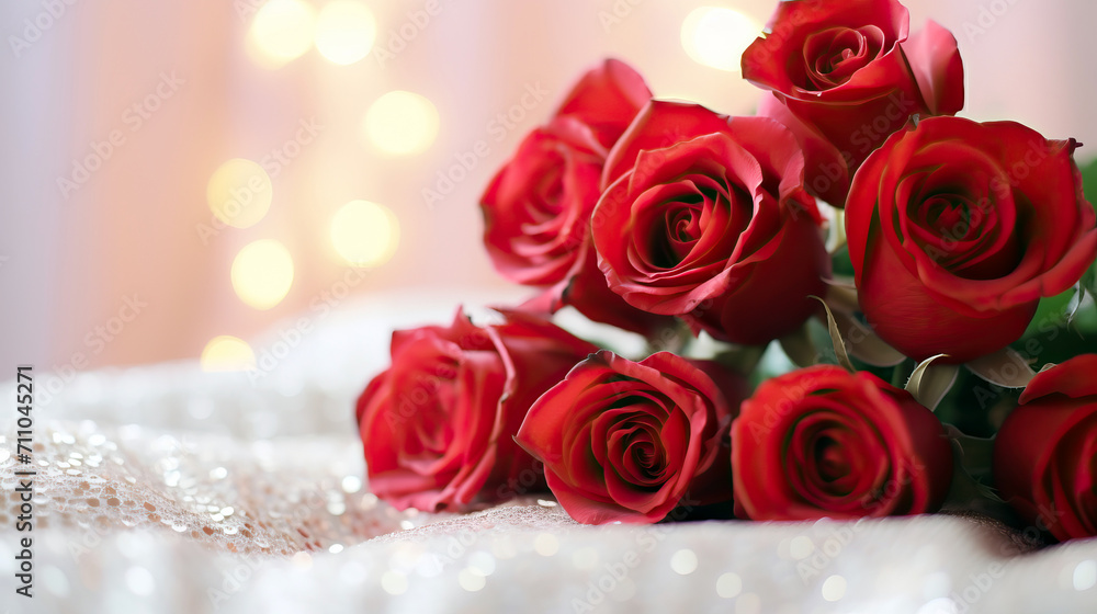 a bouquet of red roses sitting on the bed in front of the sunrise, valentines day a bouquet of red roses sitting on the bed in front of the sunrise, valentines day