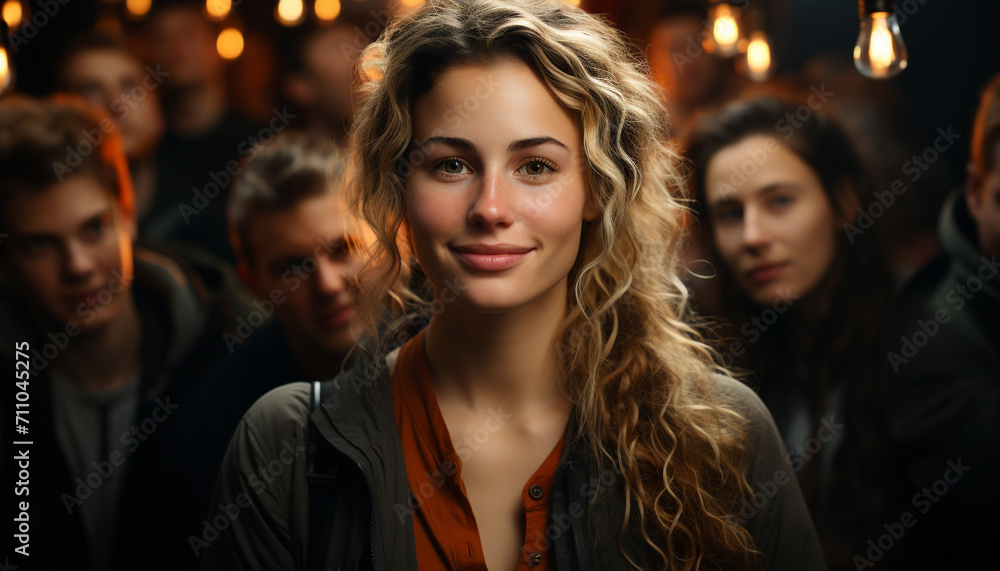 A group of young adults smiling, enjoying nightlife at a nightclub generated by AI