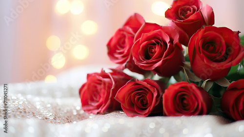 a bouquet of red roses sitting on the bed in front of the sunrise  valentines day