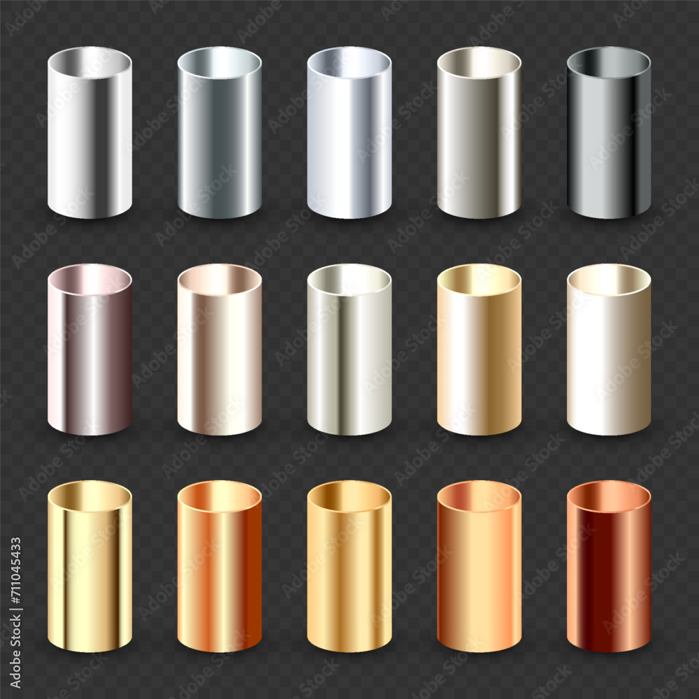 Steel and copper pipes collection. Construction material, pipeline. Industry and engineering. Polished metal texture with silver gradient. Vector illustration Steel and copper pipes collection. Construction material, pipeline. Industry and engineering. Polished metal texture with silver gradient. Vector illustration