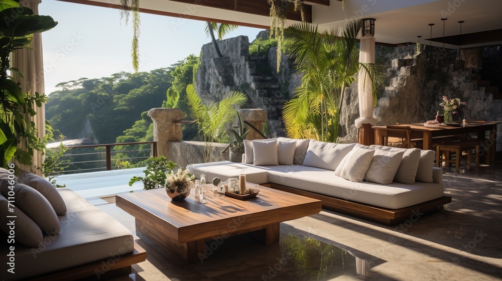 Modern luxury villa living room with stunning ocean views - obrazy, fototapety, plakaty 