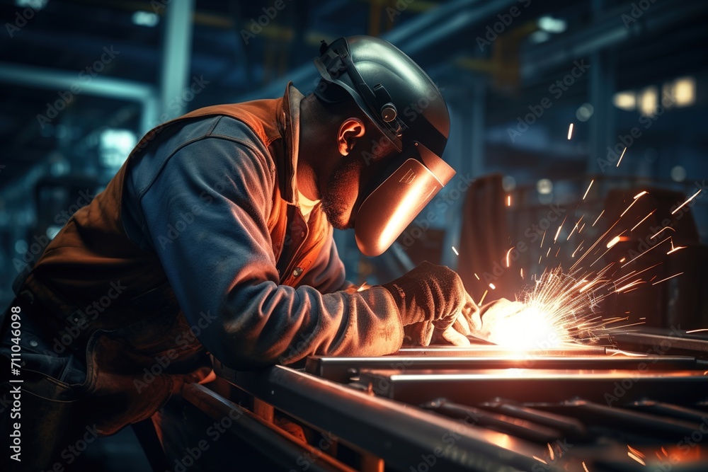 Black welder wearing protective gear welding metal in factory Black welder wearing protective gear welding metal in factory