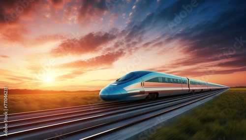Blue and silver high speed train passing through rural field at sunset