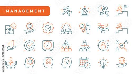 Management two color line icons set. Two color line Business management icon collections.