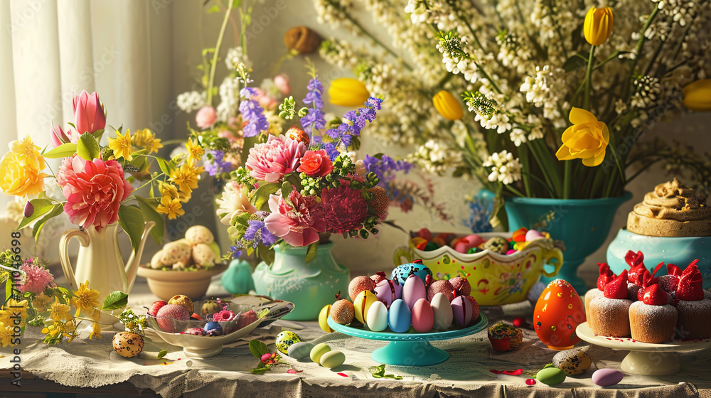 A charming Easter tableau displaying a table covered in flowers, scrumptious cakes, and a collecti A charming Easter tableau displaying a table covered in flowers, scrumptious cakes, and a collecti