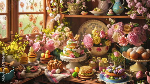 A charming Easter tableau displaying a table covered in flowers, scrumptious cakes, and a collecti