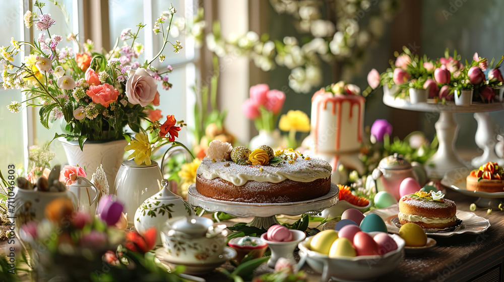 A festive Easter table adorned with flowers, cakes, and colorful Easter eggs