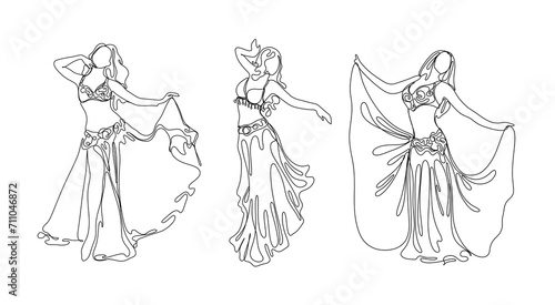 Line art belly dance womans set. Dance vector collection.