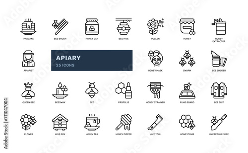 apiary honey farm agriculture beekeeping detailed outline line icon set