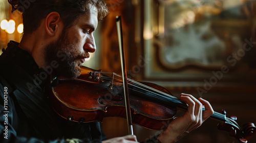 A man's dedication to the art of classical music is evident as he brings the violin to life, skill