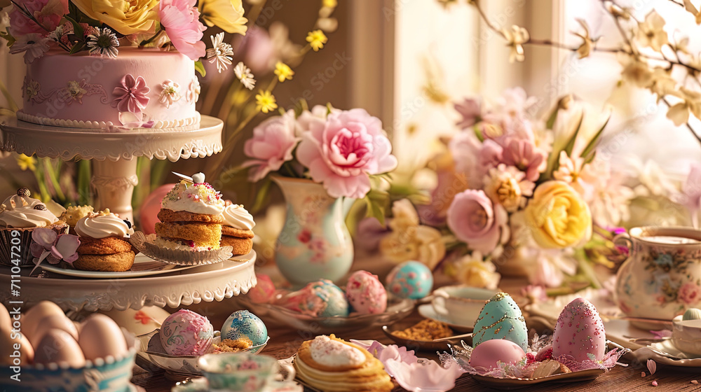A picturesque Easter table presentation featuring flowers, delectable cakes, and an abundance of E