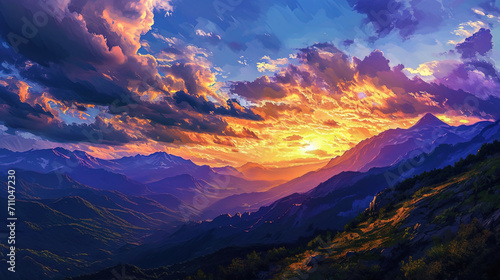 A picturesque mountain sunset is vividly depicted in this illustration painting, where the sky is